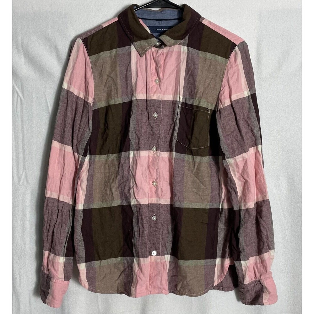 Tommy Hilfger Womens Size S Button Down Plaid Long Sleeve Pink Collar Cotton Top